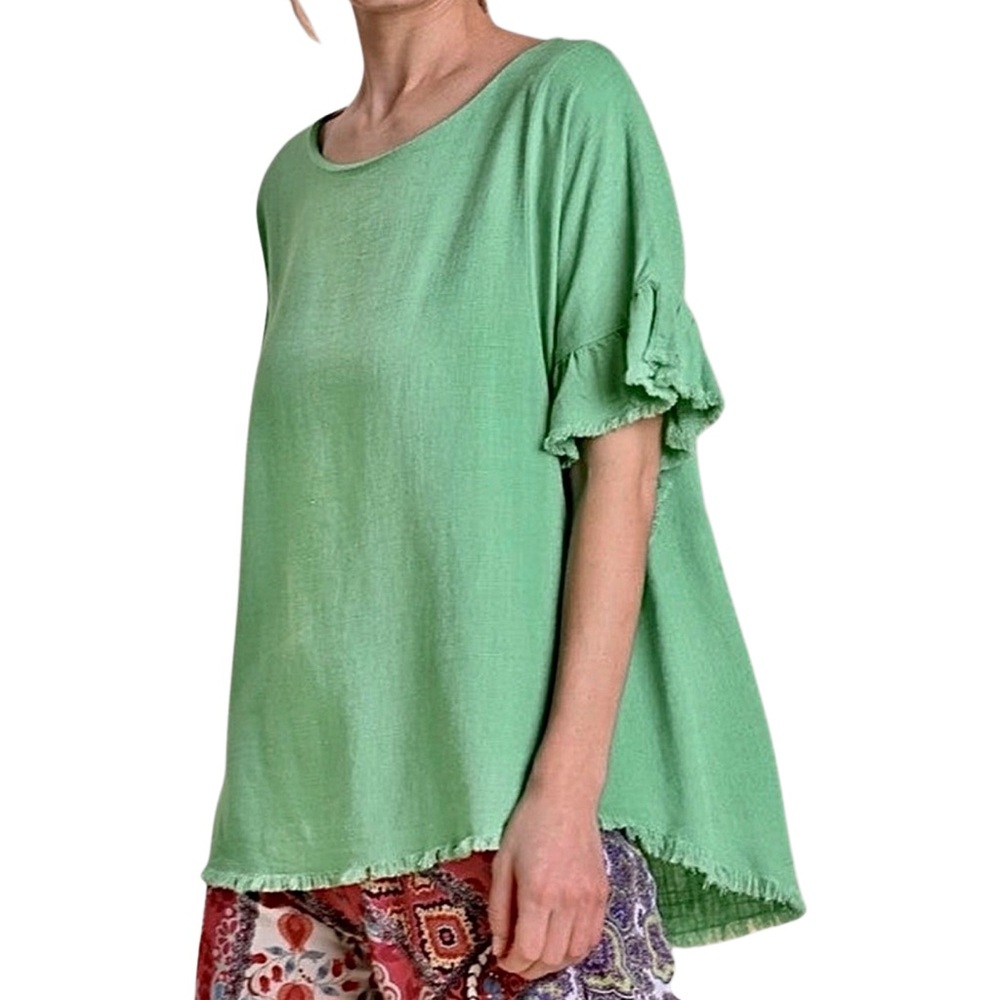 NWT* UMGEE Sage Green Linen Top‎ w/ Keyhole Back & Frayed Hem